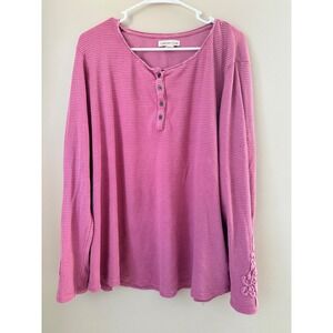Coldwater Creek Pink Textured Henley Long Sleeve Top Floral Lace Sleeve Plus 2X